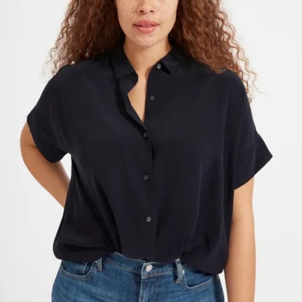 S Everlane Black Short Sleeve Relaxed Silk Shirt